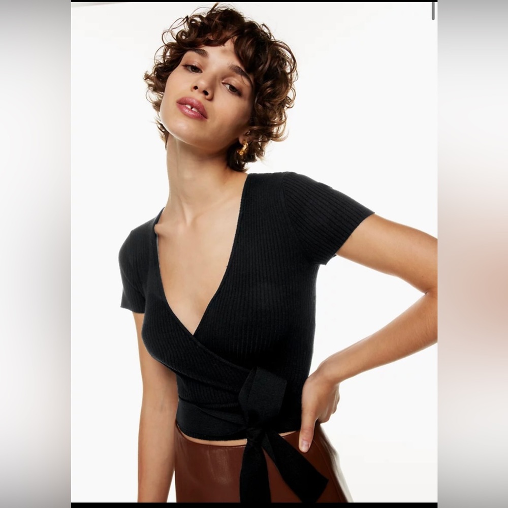 Aritzia little moon All Tied Up black crop short sleeve v-neck tie waist top